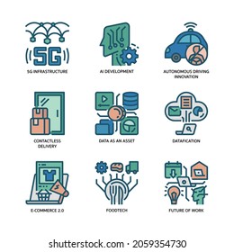 Business And Technology Trends Icons Set Filled Outline Style
