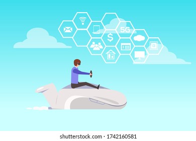 Business technology vector design: Businessman flying with computer mouse above the clouds