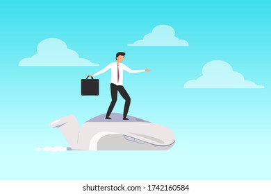 Business technology vector design: Businessman surfing on a flying mouse