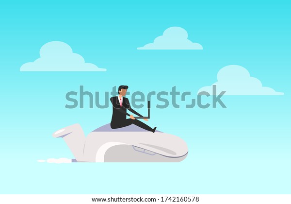 Business technology\
vector design: Businessman with laptop flying with computer mouse\
above the clouds