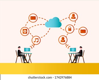 Diseño vectorial de tecnología empresarial: personas que trabajan compartiendo multimedia e ideas con computación en nube