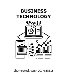 Business Technology Vektor Icon Konzept. Online-Banking-Handy-Anwendung, digitale Software zum Verdienen von Geld und Überwachung der finanziellen Infografischen Business-Technologie, schwarze Illustration