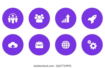 Conjunto de Ícones Vetoriais de Negócios e Tecnologia - Trabalho em Equipe, Crescimento, Inicialização, Nuvem, Rede Global, Configurações