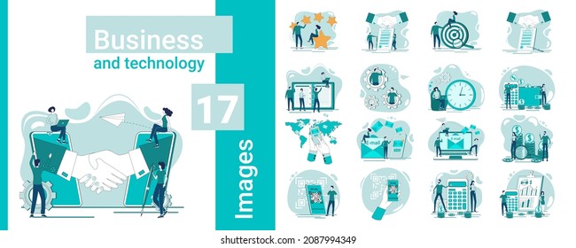 Negocio y tecnología.Un conjunto de ilustraciones en estilo empresarial.Una colección de imágenes sobre el tema de las relaciones de negocios y la tecnología.Ilustración vectorial plana.