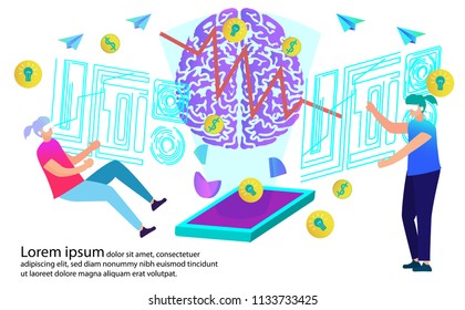 Business technology.Smart Virtual Reality Entertainment Technology.People brainstorming.teamwork and Digital Related Asset
People interacting with charts,analysing statistics ,data.vector illustration
