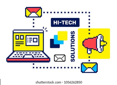 Business techology concept. Vector creative color illustration of opening laptop with icon of megaphone, email on white background. Flat line art pixel retro style design of laptop for web, banner