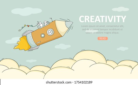 Business temblate with launch pencil. Doodle cute miniature scene about creativity. Hand drawn cartoon vector illustration.