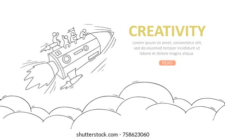 Business temblate with launch pencil. Doodle cute miniature scene about creativity. Hand drawn cartoon vector illustration.