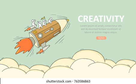 Business temblate with launch pencil. Doodle cute miniature scene about creativity. Hand drawn cartoon vector illustration.