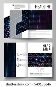 Business template for bi fold brochure, flyer. Cover design template, abstract vector layout in A4 size. Abstract colorful neon dots, dotted technology background. Glowing particles, led light pattern