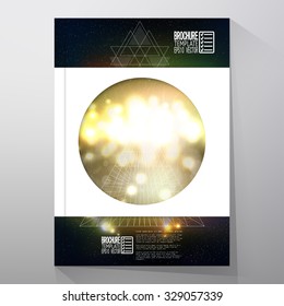 Business template for brochure, flyer or booklet. Abstract multicolored background with bokeh lights and stars. Vector 3D pyramid, scientific or digital design, science vector illustration