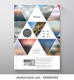 Business template for brochure, flyer or booklet. Abstract multicolored background of blurred nature landscapes, geometric vector, triangular style illustration.