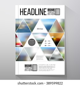 Business template for brochure, flyer or booklet. Abstract multicolored background of blurred nature landscapes, geometric vector, triangular style illustration.