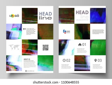 Business template for brochure, flyer, report. Cover design, abstract vector layout in A4 size. Glitched background made of colorful pixel mosaic. Digital decay, signal error, television fail