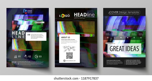 Business template for brochure, flyer, report. Cover design, abstract vector layout in A4 size. Glitched background made of colorful pixel mosaic. Digital decay, signal error, television fail