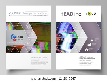 Business template for brochure, flyer, report. Cover design, abstract vector layout in A4 size. Glitched background made of colorful pixel mosaic. Digital decay, signal error, television fail