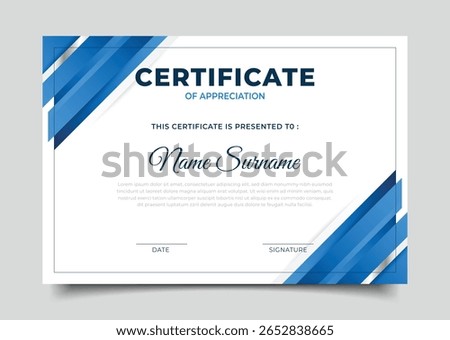 Business template certificate for appreciation design with blue geometric gradient diagonal frame decoration