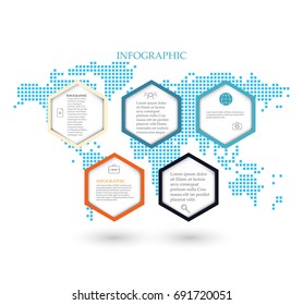 Business template infographics.The five hexagons on the background map of the world.