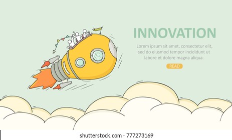 Business template with launch lightbulb. Doodle cute miniature scene about innovation. Hand drawn cartoon vector illustration.