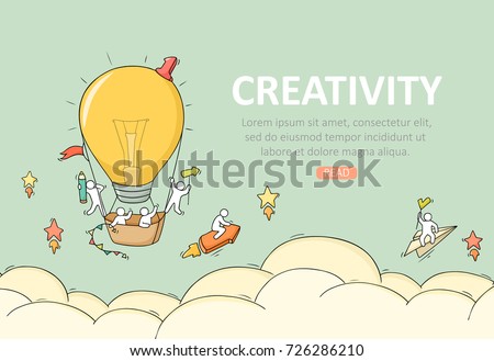 Business template with launch lightbulb. Doodle cute miniature scene about creativity. Hand drawn cartoon vector illustration.