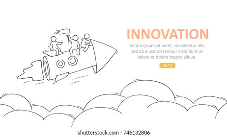Business template with launch rocket. Doodle cute miniature scene about creativity. Hand drawn cartoon vector illustration.