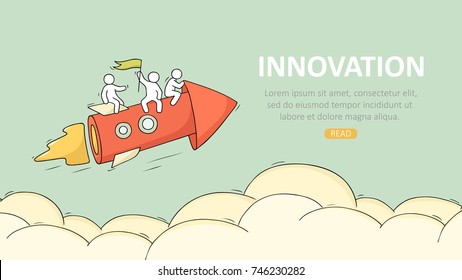 Business template with launch rocket. Doodle cute miniature scene about creativity. Hand drawn cartoon vector illustration.