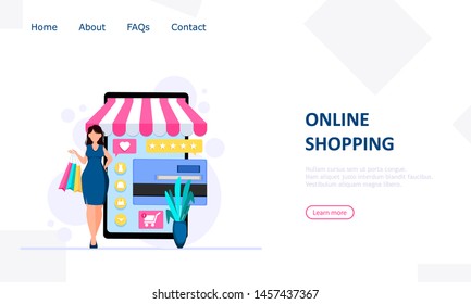 Business template with online store. Concept of online store, shopping, ordering, payment by electronic card. Usable for landing page, website etc. Vector illustration. 