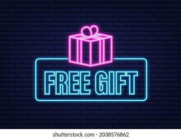 Business Template With Red Free Gift For Banner Design. Neon Icon. Vector Business Template. Present Gift Box Icon.