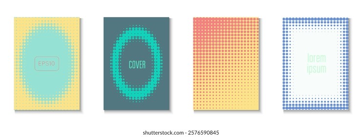 Business Template Set. Summer Circles With Modern Art. Linear Frame With Geometric Design. Abstract Flyer. Minimalist Halftone Poster. Geometric Dot Cover. Trendy Business Template