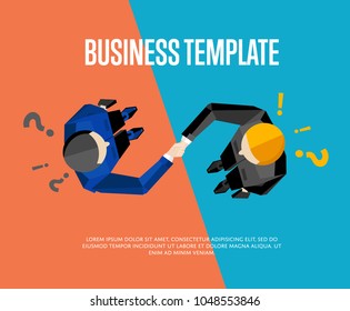 Business template with space for text, vector illustration. Top view of businessmen shaking hands on red and blue background with question and exclamation marks. Manager business meeting to employees