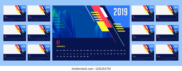 Business template style, set of 12 months calendar design for year 2019.