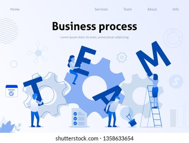 Business Template Team Metaphor Flat Banner. Vector Illustration of People Working Together, Holding Letters. Effective Interaction Teamwork, Building Team Concept. Landing Page Template for Company