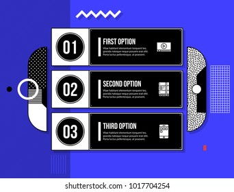 Business template with three numbered options in fancy geometric style on bright blue background