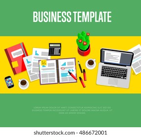 Business template. Top view office workspace, vector illustration. Business workplace with laptop, smartphone, financial documents, cup of coffee and other objects on table. Workplace background