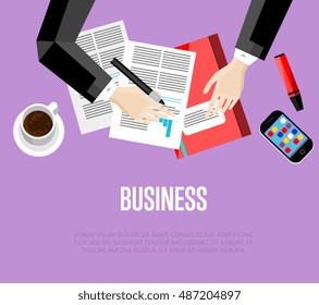 Business template. Top view office workspace, vector illustration. Overhead view of businessman working with financial documents on purple background. Office workplace banner with space for text