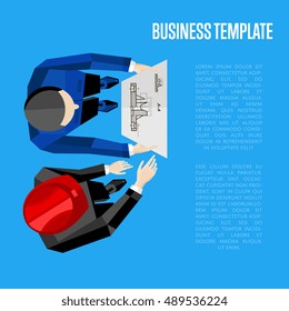 Business template, vector illustration. Top view of construction professionals discussing details of project with drawing. Two engineer builders with blueprint on blue background with space for text