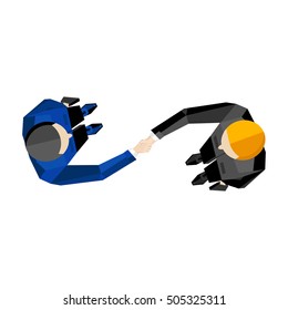 Business template, vector illustration. Top view of two businessmen shaking hands isolated on white background. Business people meeting concept. Contract conclusion. Union symbol