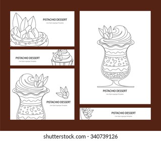 Business template Vector set with cute hand drawn dessert illustrations. Restaurant or cafe branding elements. Card design with pistachio cupcakes and sweets. 