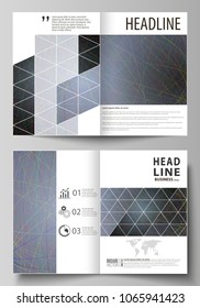 Business templates for bi fold brochure, flyer, booklet. Cover design template, vector layout in A4 size. Colorful dark background with abstract lines. Bright color chaotic, random, messy curves.