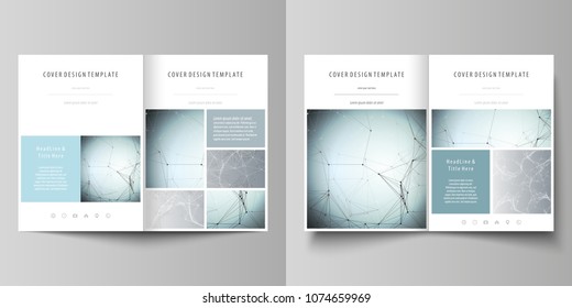 Business templates for bi fold brochure, flyer, report. Cover design template, vector flat layout in A4 size. Chemistry pattern, connecting lines and dots, molecule structure, medical DNA research.