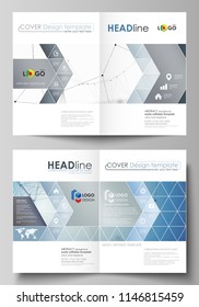 Business templates for bi fold brochure, magazine, flyer. Cover design template, vector layout in A4 size. Geometric blue background, molecule structure, science concept. Connected lines and dots.