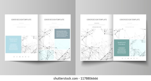 Business templates for bi fold brochure, flyer, report. Cover design template, vector layout in A4 size. Chemistry pattern, connecting lines and dots, molecule structure on white, geometric background