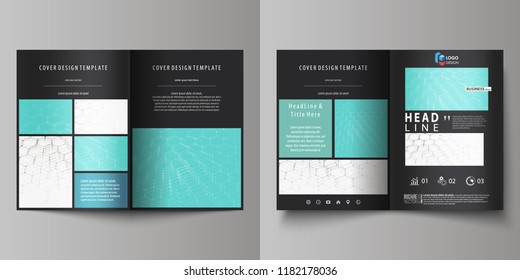 Business templates for bi fold brochure, flyer, booklet, report. Cover design template, vector layout in A4 size. Chemistry pattern, hexagonal molecule structure on blue. Medicine, technology concept.