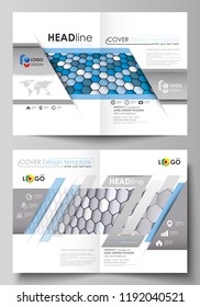 Business templates for bi fold brochure, magazine, flyer or report. Cover design template, vector layout in A4 size. Blue and gray color hexagons in perspective. Abstract polygonal style background.