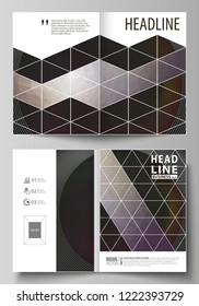 Business templates for bi fold brochure, flyer, booklet, report. Cover design template, vector layout in A4 size. Dark color triangles and colorful circles. Abstract polygonal style modern background.