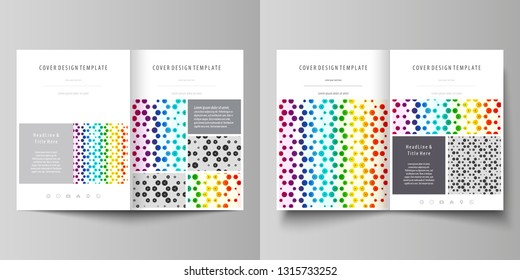 Business templates for bi fold brochure, flyer, report. Cover template, abstract vector layout in A4 size. Chemistry pattern, hexagonal design molecule structure. Geometric colorful background.