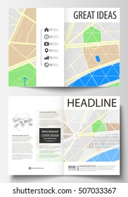 Business templates for bi fold brochure, magazine, flyer or annual report. Easy editable layout in A4 size. City map with streets. Flat design cover template, tourism businesses, abstract vector.