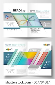 Business templates for bi fold brochure, magazine, flyer. Cover template, easy editable vector, flat layout in A4 size. Colorful design background with abstract shapes and waves, overlap effect.