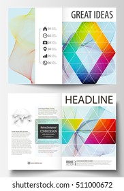 Business templates for bi fold brochure, magazine, flyer. Cover template, easy editable vector, flat layout in A4 size. Colorful design background with abstract shapes and waves, overlap effect.