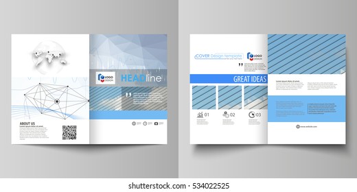 Business templates for bi fold brochure, flyer, report. Cover design template, vector layout in A4 size. Blue color abstract infographic background with lines, symbols, charts and other elements